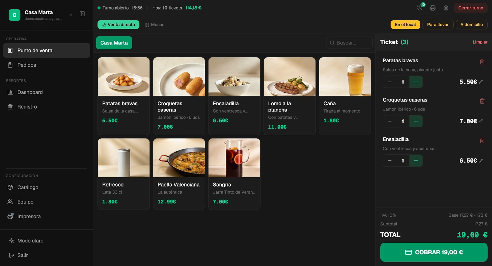 Punto de venta de NestManage: catálogo con fotos, ticket con desglose de IVA y botón de cobro.